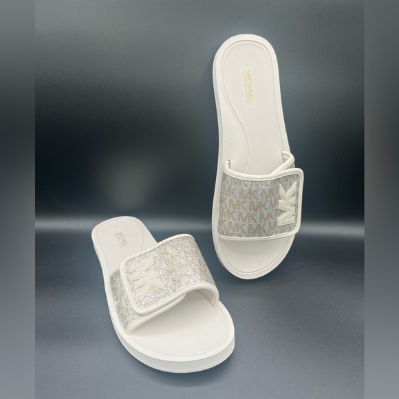 Michael Kors Shoes - Michael Kors Ivory/White/Silver Slide Sandals size 10